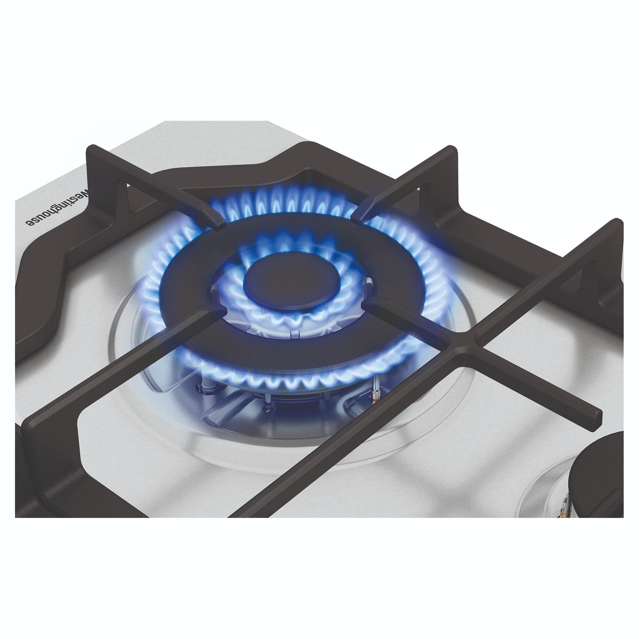 Westinghouse 60cm 4 Burner Gas Cooktop - Stainless Steel WHG644SC, Burner Flame Ring Close-Up View