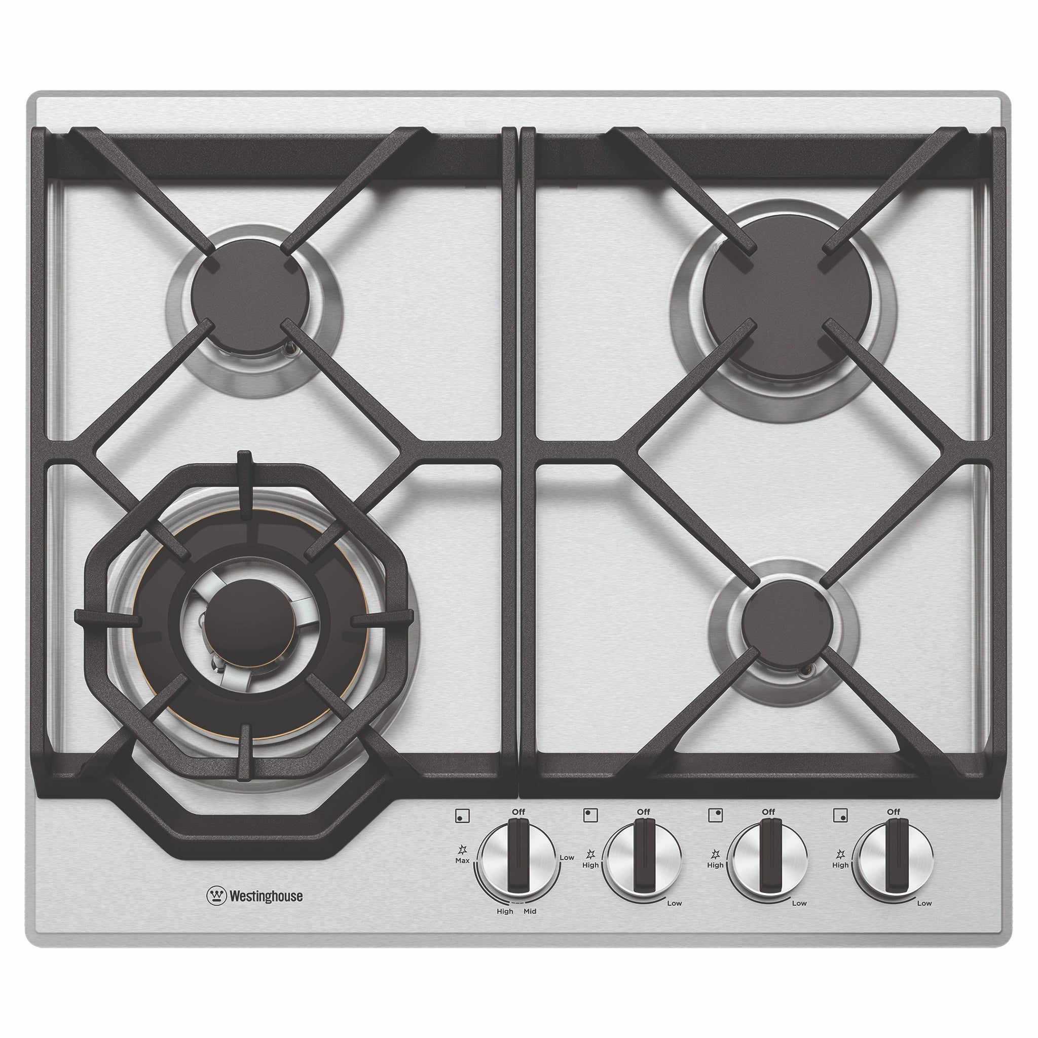 Westinghouse 60cm 4-Burner Stainless Steel Gas Hob WHG648SC, Front View