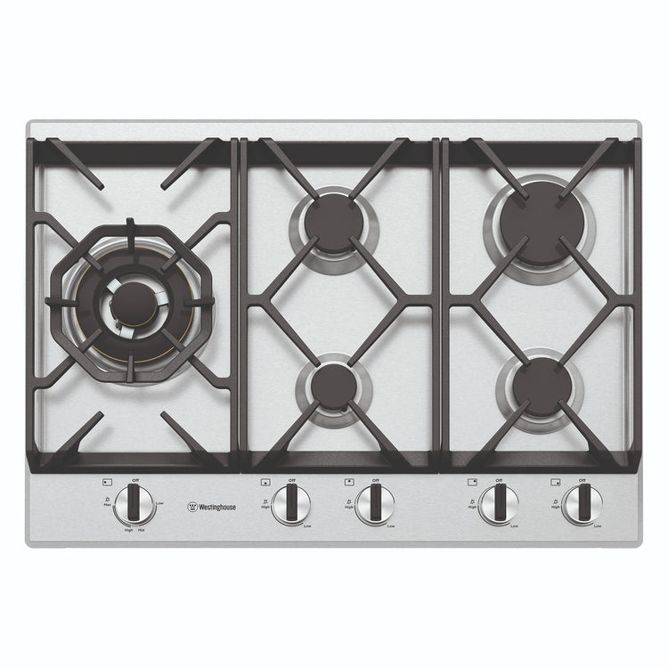 Westinghouse 75cm 5-Burner Gas Cooktop – Stainless Steel WHG758SC, Front View