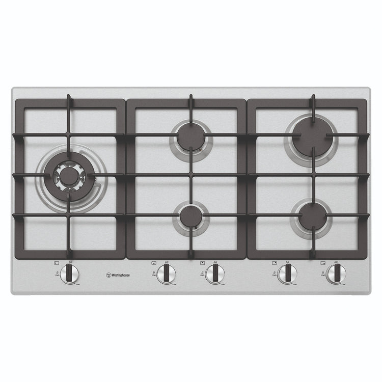 Westinghouse 90cm 5-Burner Gas Hob – Stainless Steel WHG954SC, Front View