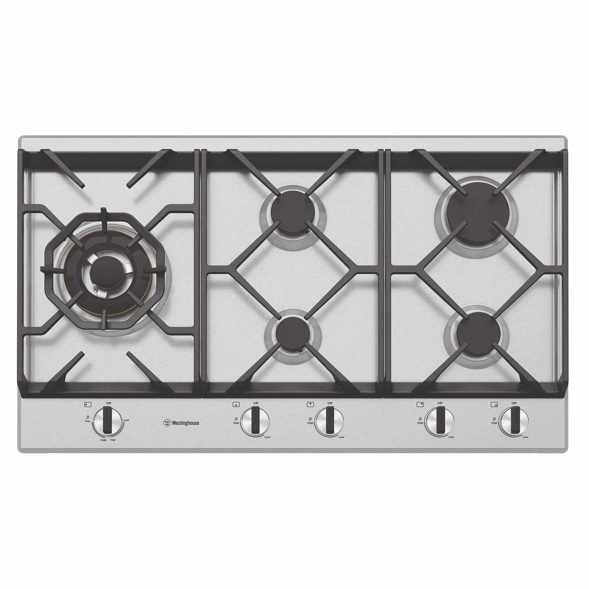 Westinghouse 90cm 5-Burner Gas Stovetop – Stainless Steel WHG958SC, Front View