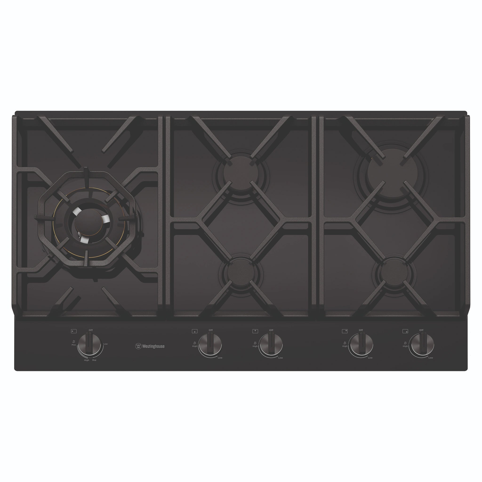 Westinghouse 90cm 5-Burner Black Ceramic Glass Gas Cooktop WHG959BD, Front View