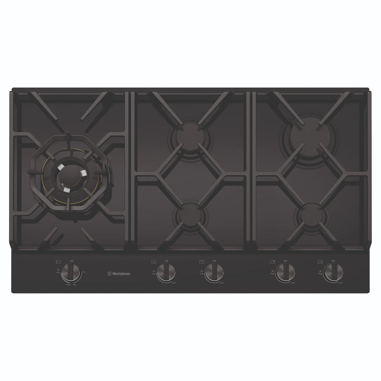 Westinghouse 90cm 5-Burner Black Ceramic Glass Gas Cooktop WHG959BD, Front View