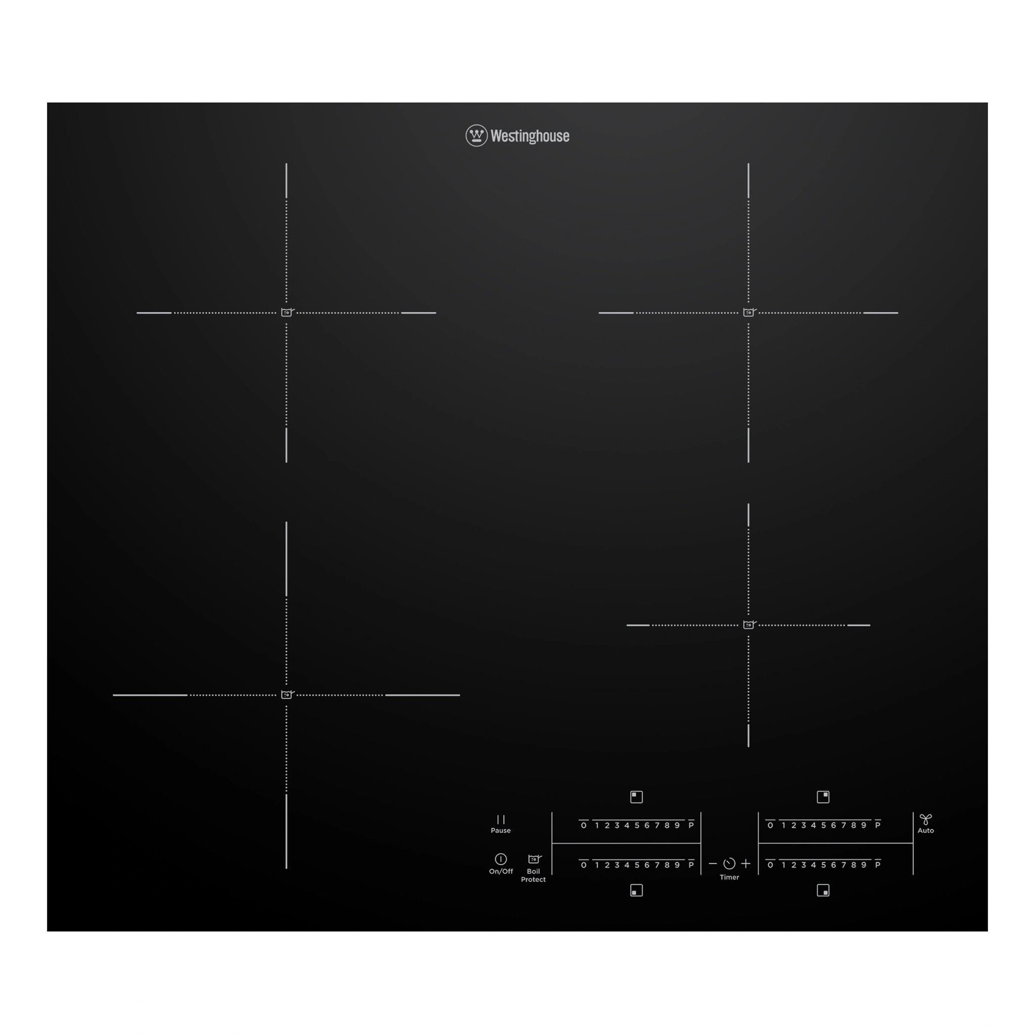 Westinghouse 60cm 4-zone induction cooktop with Boil Protect WHI643BE, Front View