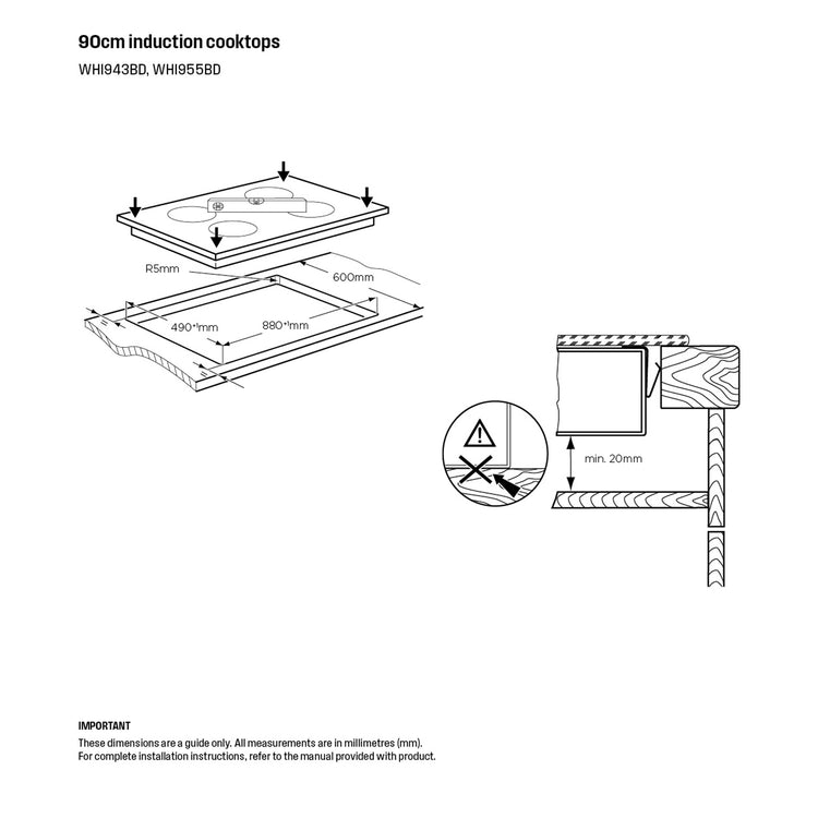 Westinghouse 90cm 4-Zone Induction Cooktop With Boil Protect WHI943BD, Dimensions View