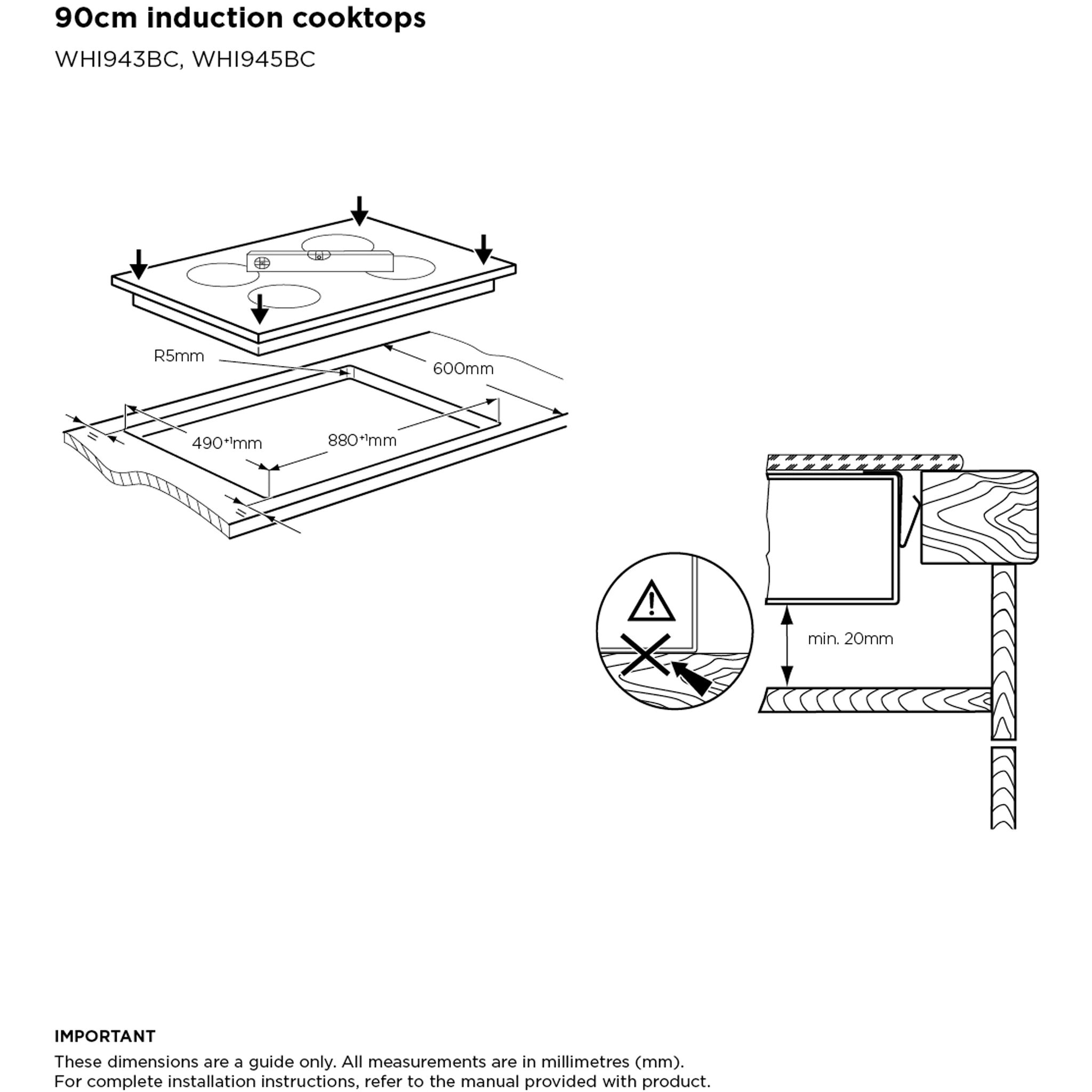 Westinghouse 90cm 4-Zone Induction Cooktop With Boil Protect WHI945BC, Dimensions View