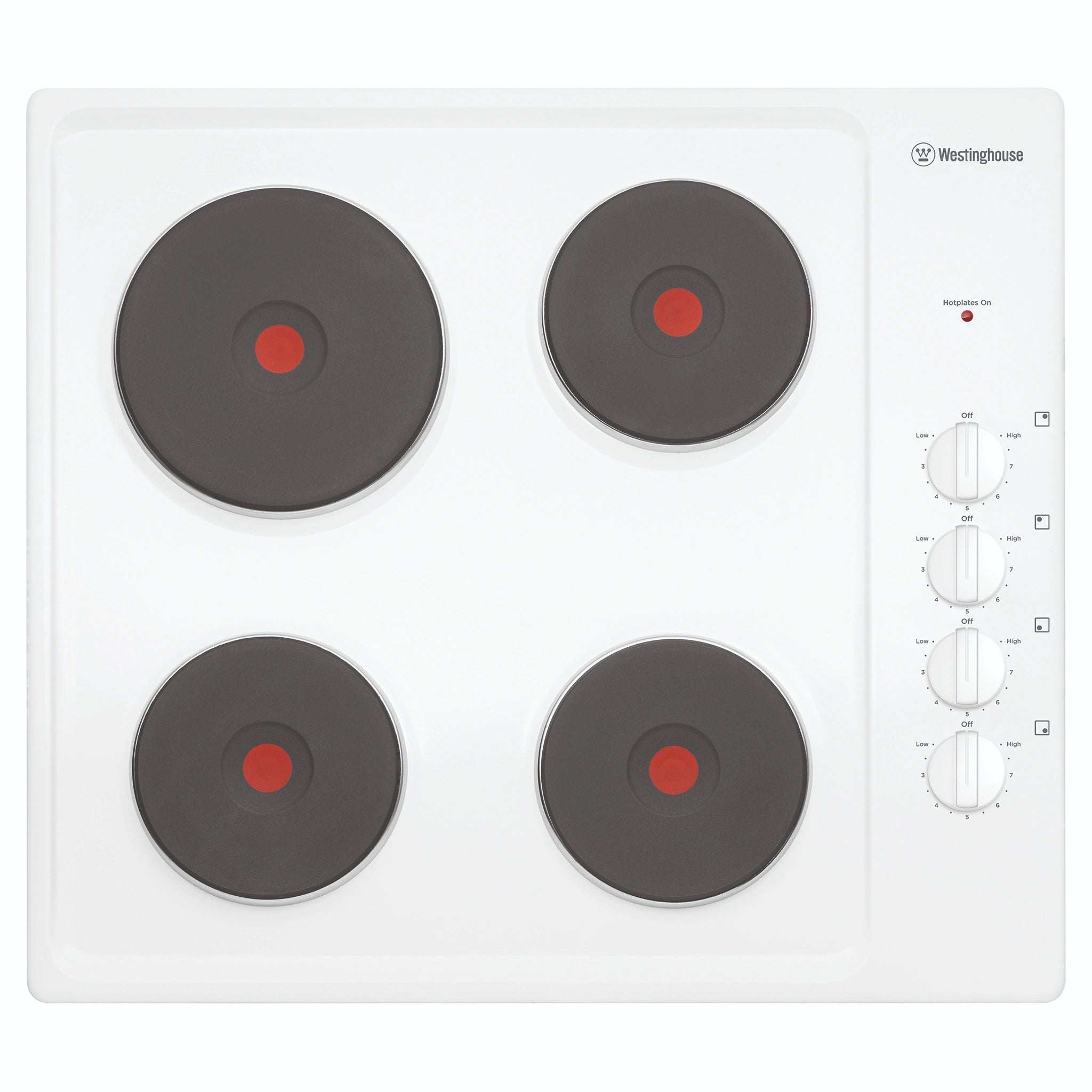 Westinghouse 60cm 4-Zone Electric Solid Cooktop, White WHS642WC, Front View