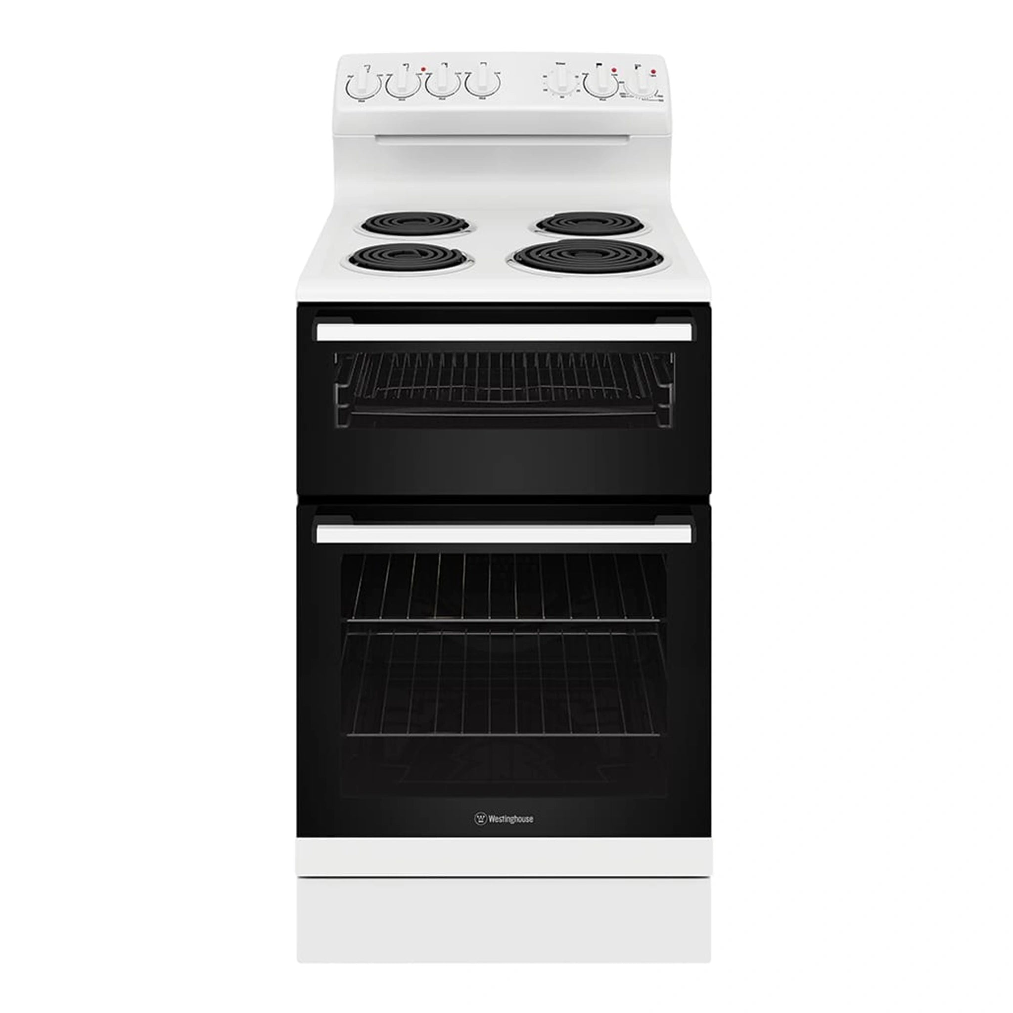 Westinghouse 54cm freestanding electric oven and coil cooktop, white WLE522WC, Front View