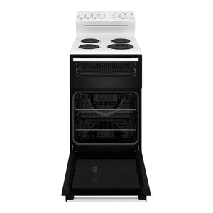 Westinghouse 54cm freestanding electric oven and coil cooktop, white WLE522WC, Front View With Door Open