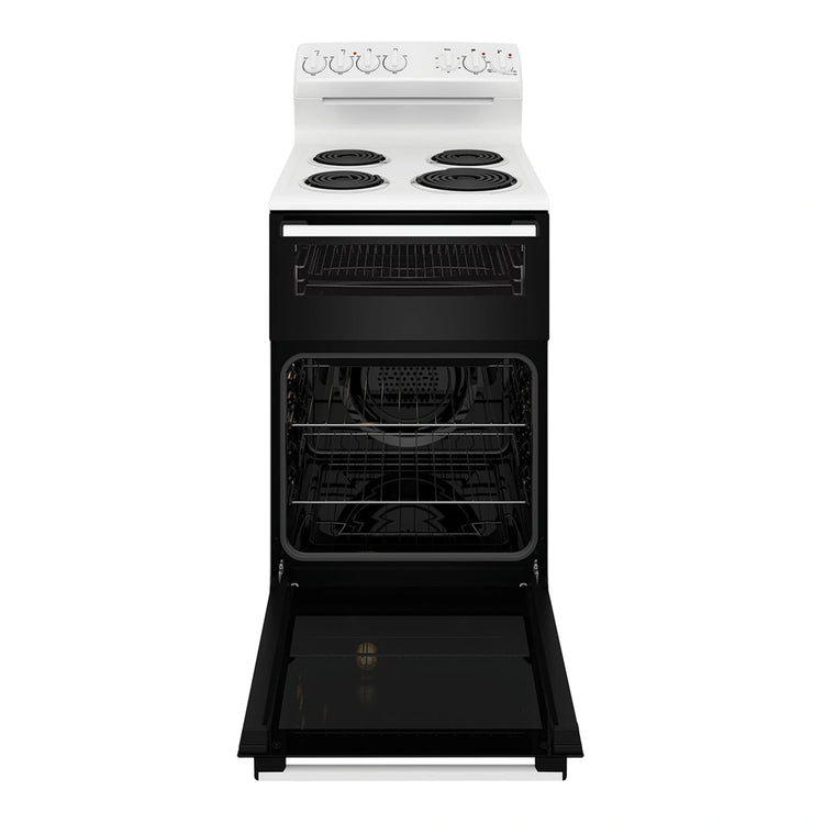 Westinghouse 54cm freestanding electric oven and coil cooktop, white WLE522WC, Front View With Door Open