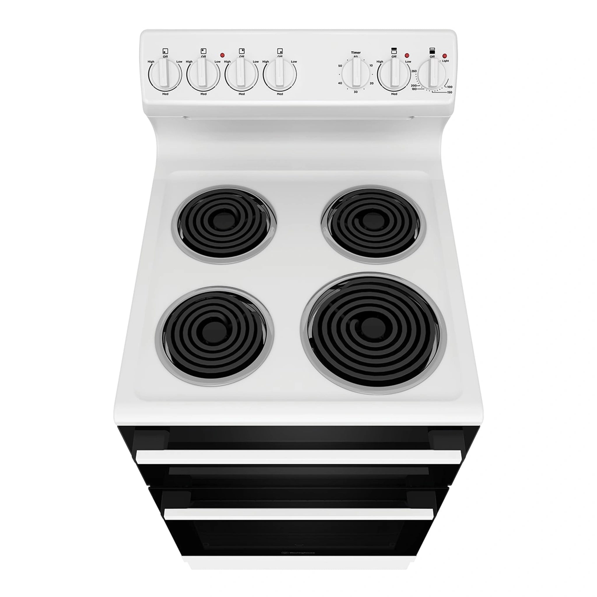 Westinghouse 54cm freestanding electric oven and coil cooktop, white WLE522WC, Top View