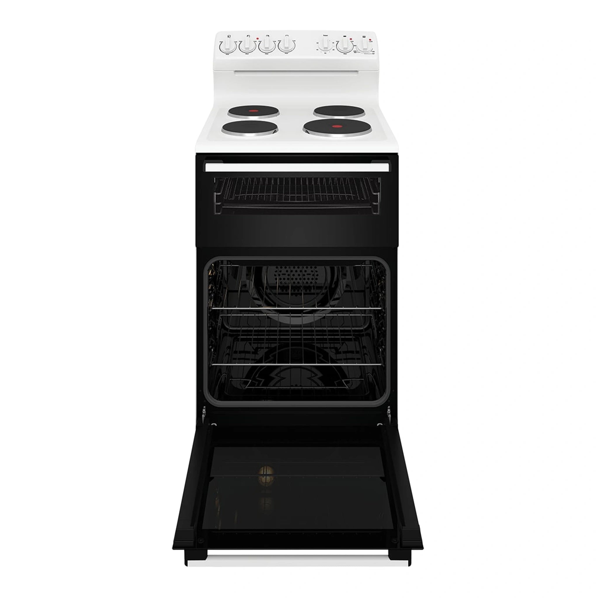 Westinghouse 54cm freestanding electric oven and solid cooktop, white WLE532WC, Front View With Door Open