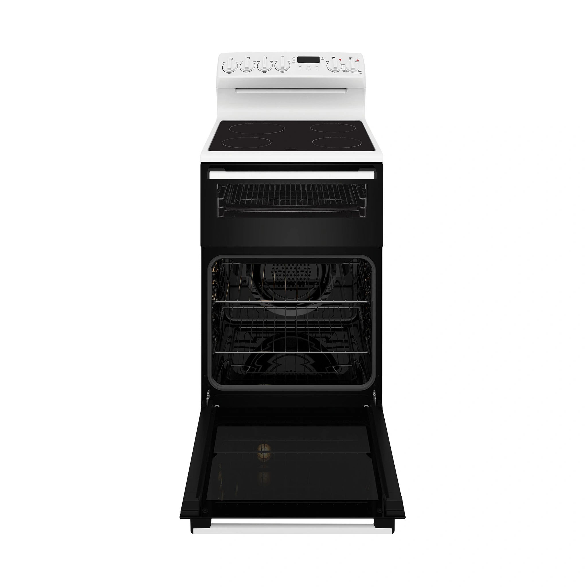 Westinghouse 54cm Freestanding Electric Oven – White WLE543WCB, Front View with Door Open