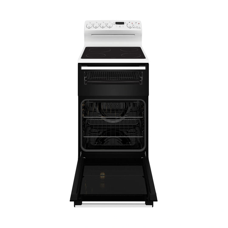 Westinghouse 54cm Freestanding Electric Oven – White WLE543WCB, Front View with Door Open