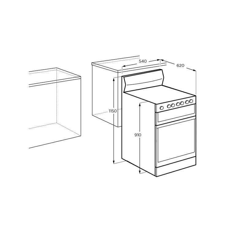 Westinghouse 54cm Freestanding Gas Oven – White WLG510WCH, Dimenssions View
