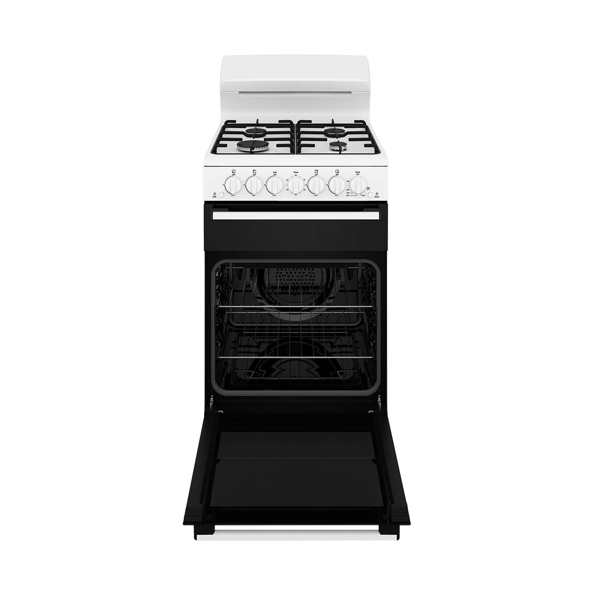 Westinghouse 54cm Freestanding Gas Oven – White WLG510WCH, Front View with Door Open