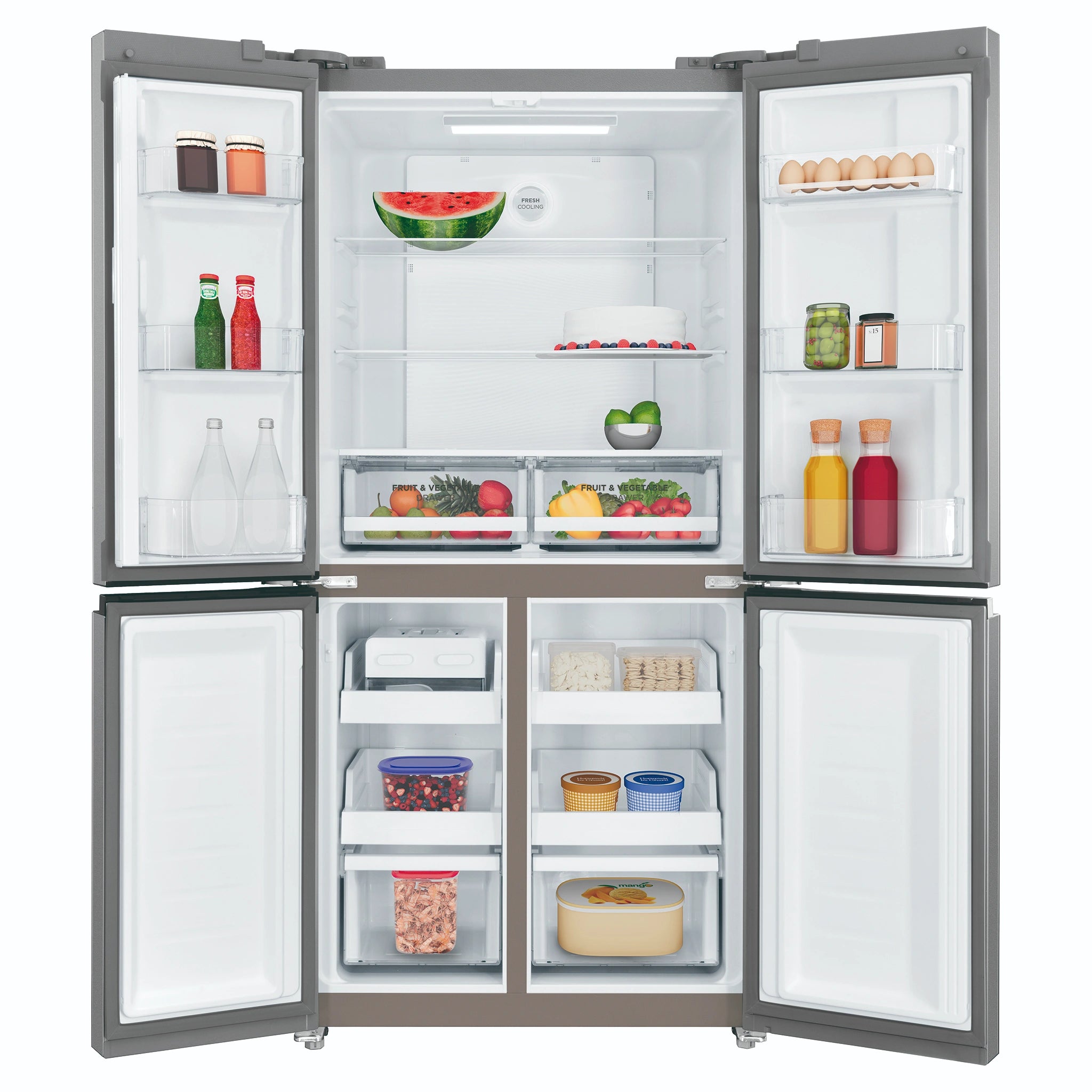 Westinghouse 496L Silver French Door Refrigerator WQE4900AA, Front View With Double Door Open View With Storages