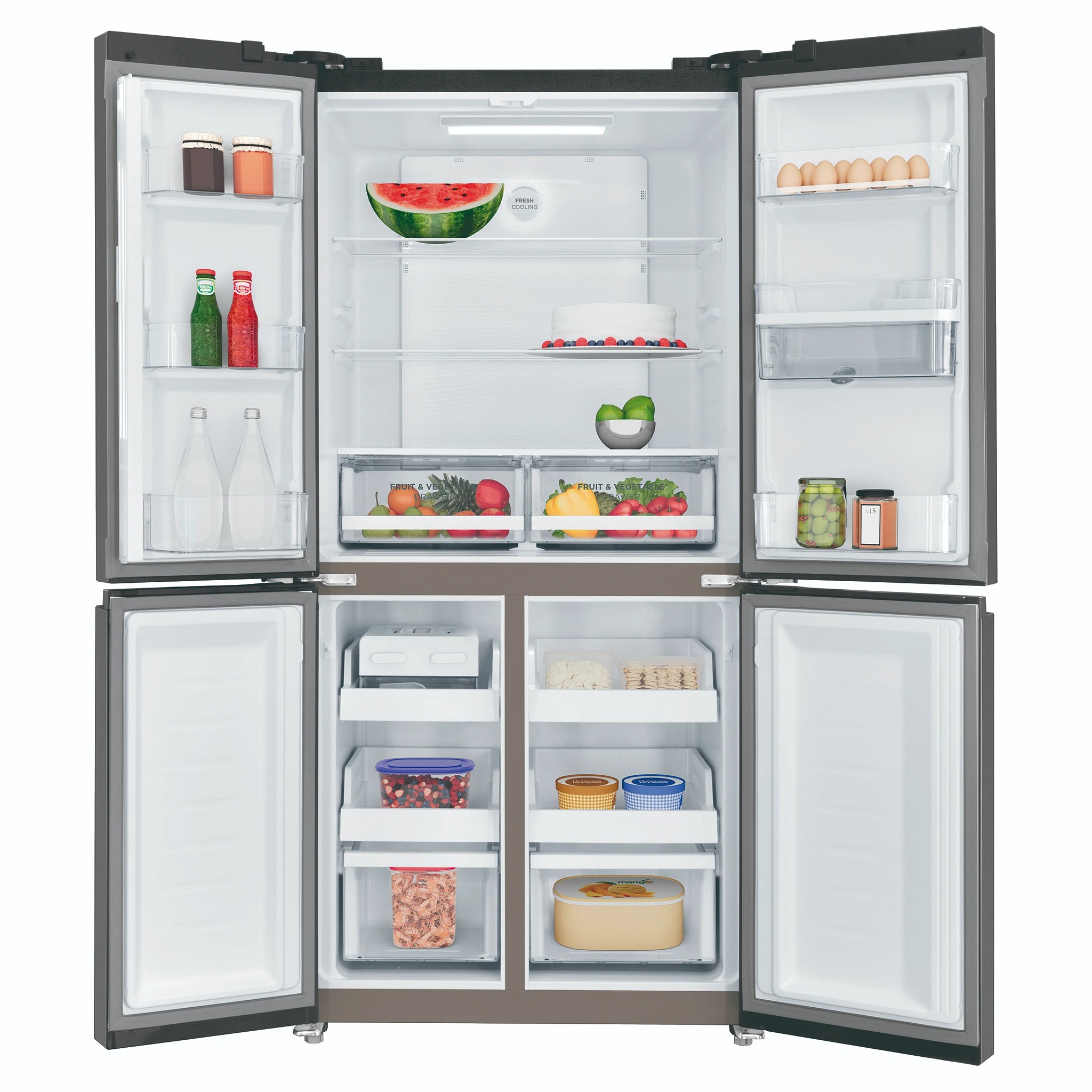 Westinghouse 492L Charcoal Matte Black French Door Refrigerator with Non-Plumbed Water Dispenser WQE4960BA, Front View With Double Door Open View With Storages