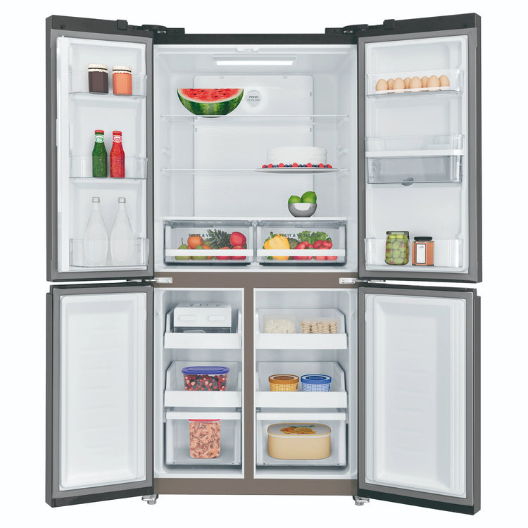 Westinghouse 492L Charcoal Matte Black French Door Refrigerator with Non-Plumbed Water Dispenser WQE4960BA, Front View With Double Door Open View With Storages