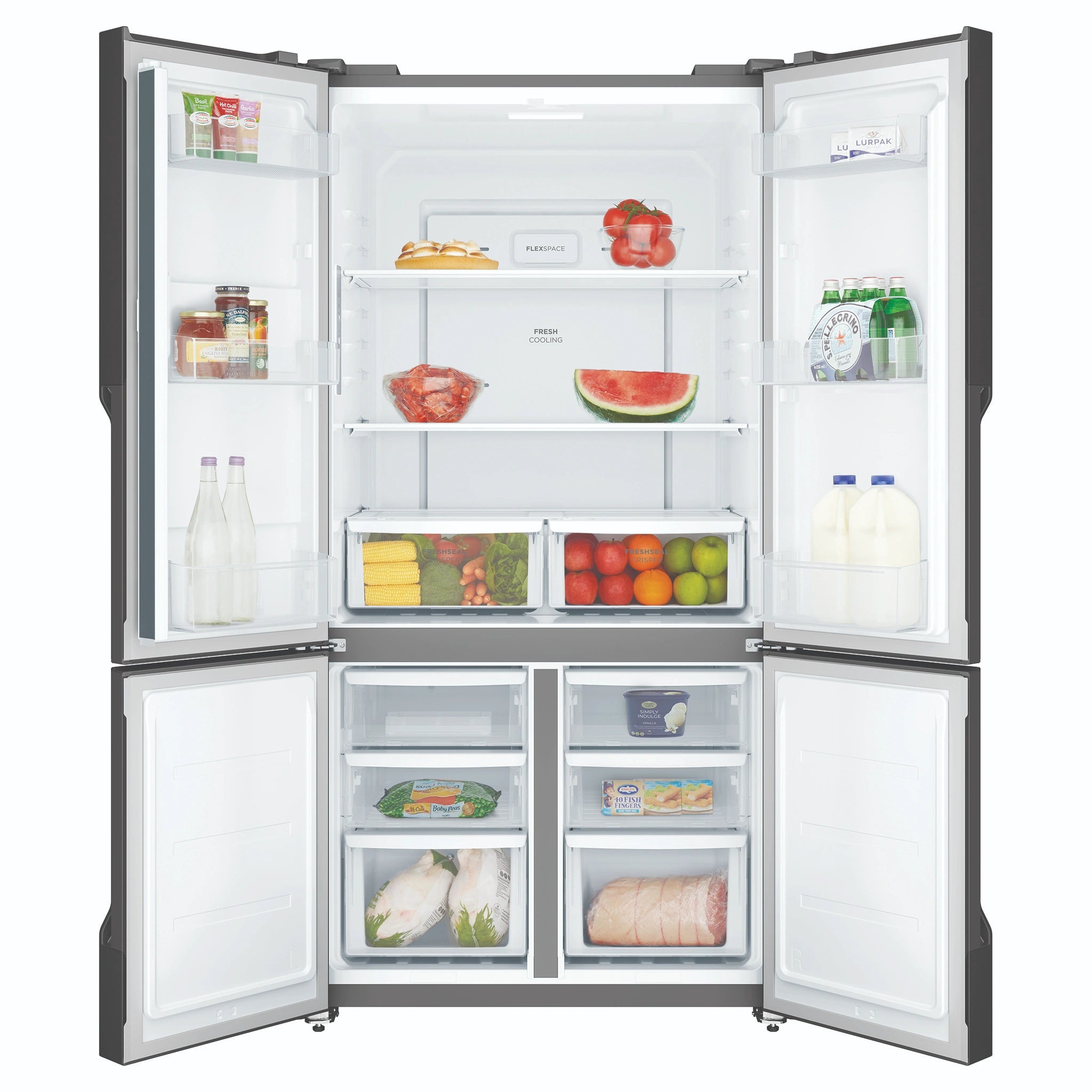 Westinghouse 564L Matte Black Quad Door Refrigerator WQE5600BB, Front View With Double Door Open View With Storages