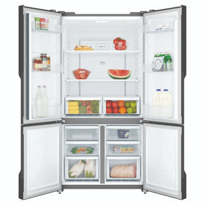 Westinghouse 564L Matte Black Quad Door Refrigerator WQE5600BB, Front View With Double Door Open View With Storages