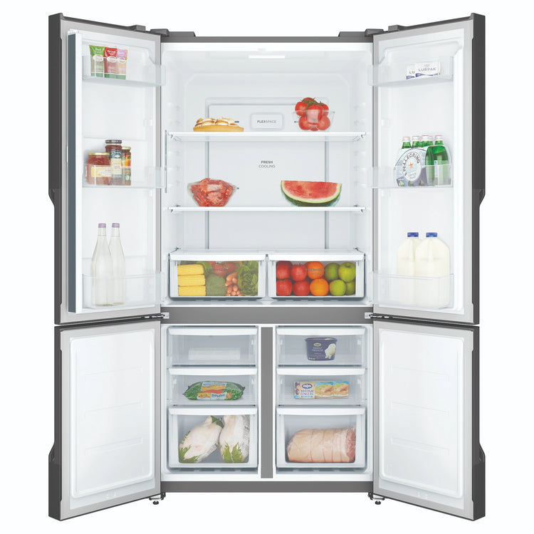 Westinghouse 564L Matte Black Quad Door Refrigerator WQE5600BB, Front View With Double Door Open View With Storages