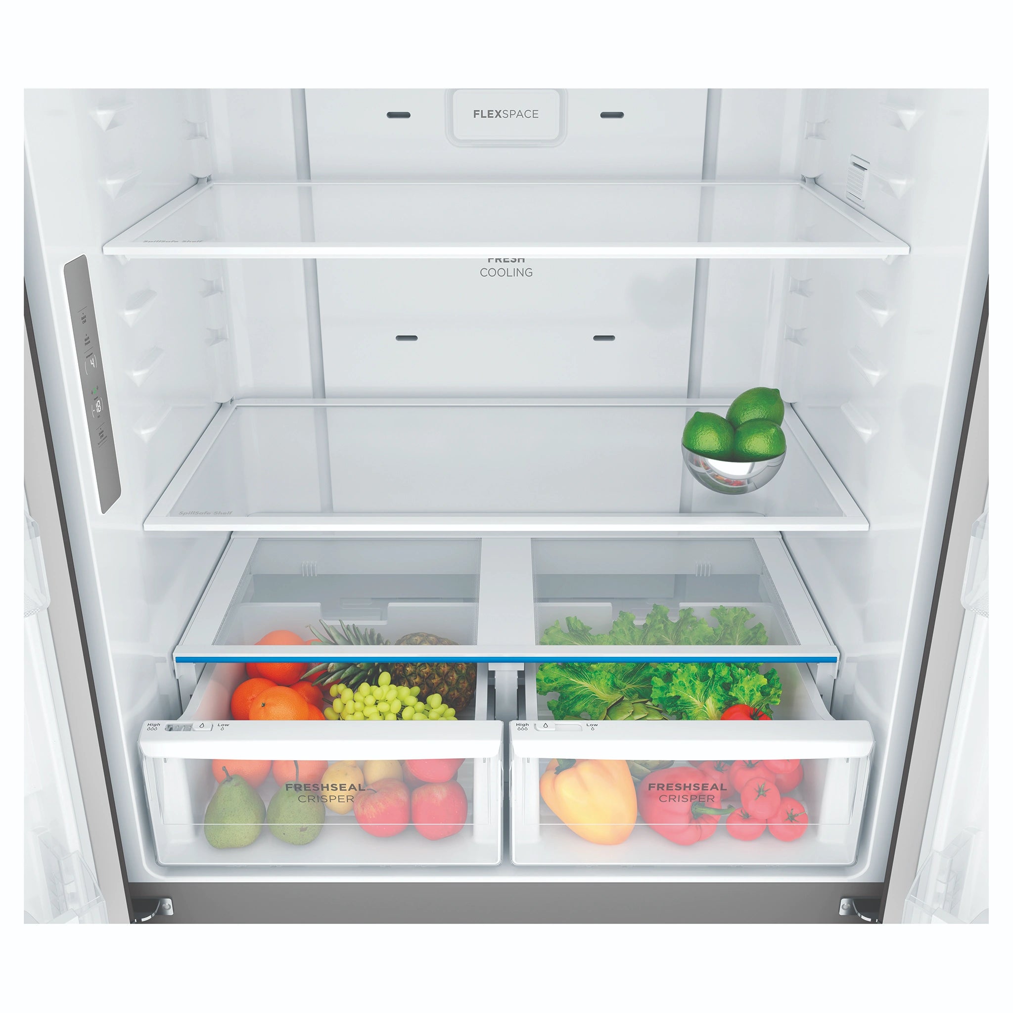 Westinghouse 564L Matte Black Quad Door Refrigerator WQE5600BB, Vegetable Crisper Close-Up View With Storages