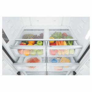 Westinghouse 564L Matte Charcoal Black Quad Door Refrigerator with Plumbed Water Dispenser WQE5650BA, Drawers Open Close-Up View With Storages