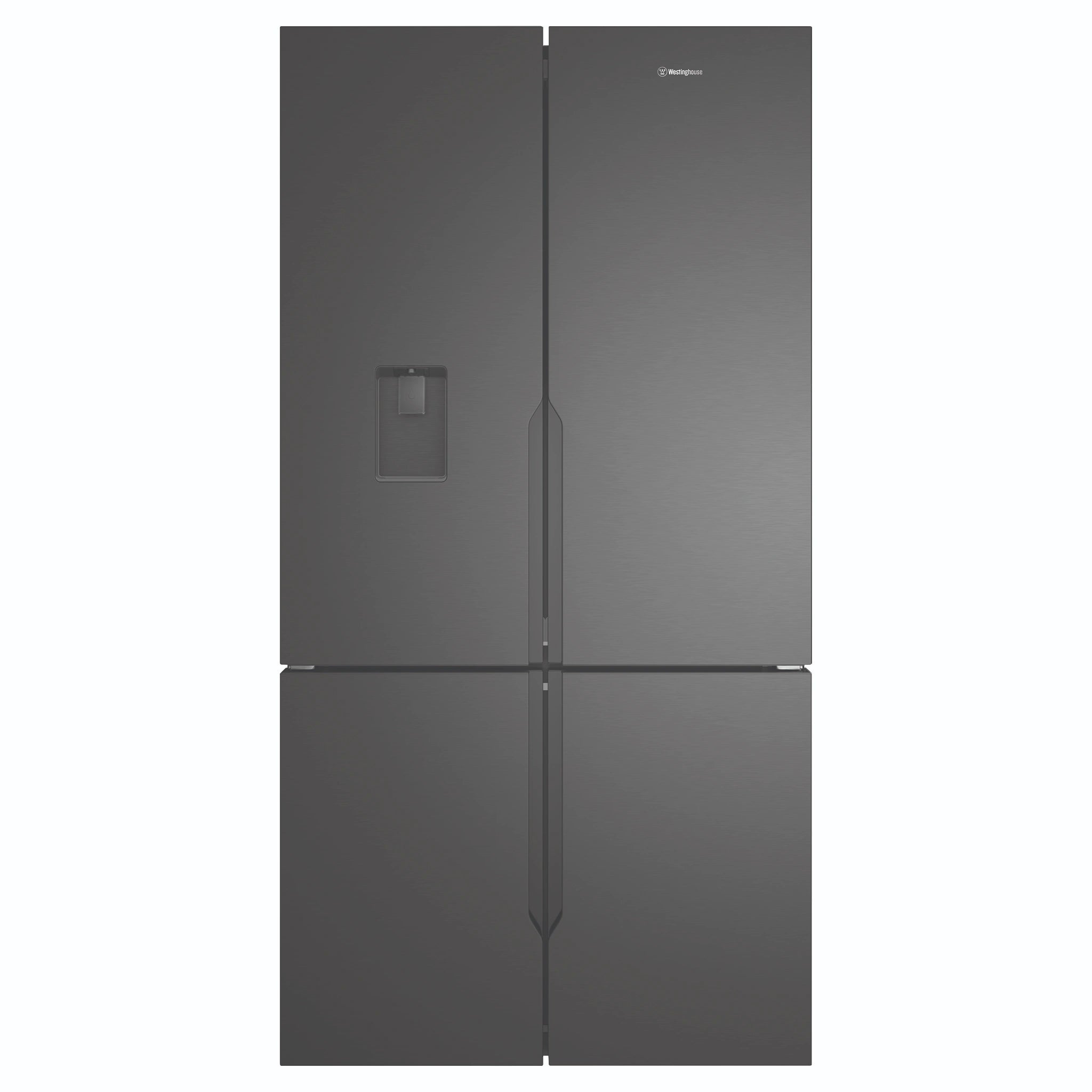 Westinghouse 564L Matte Charcoal Black Quad Door Refrigerator with Plumbed Water Dispenser WQE5650BA, Front View