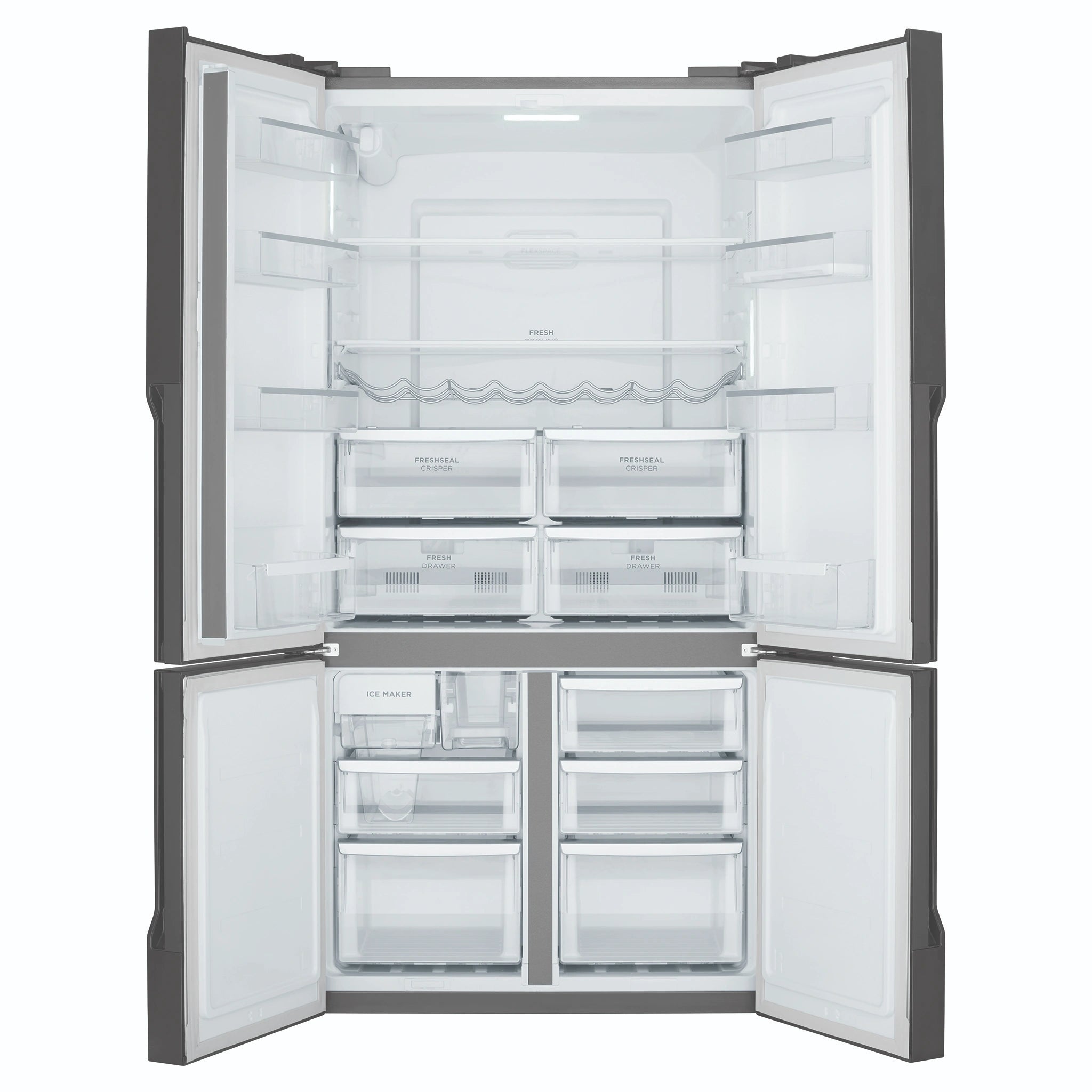 Westinghouse 564L Matte Charcoal Black Quad Door Refrigerator with Plumbed Water Dispenser WQE5650BA, Front View With Double Door Open View