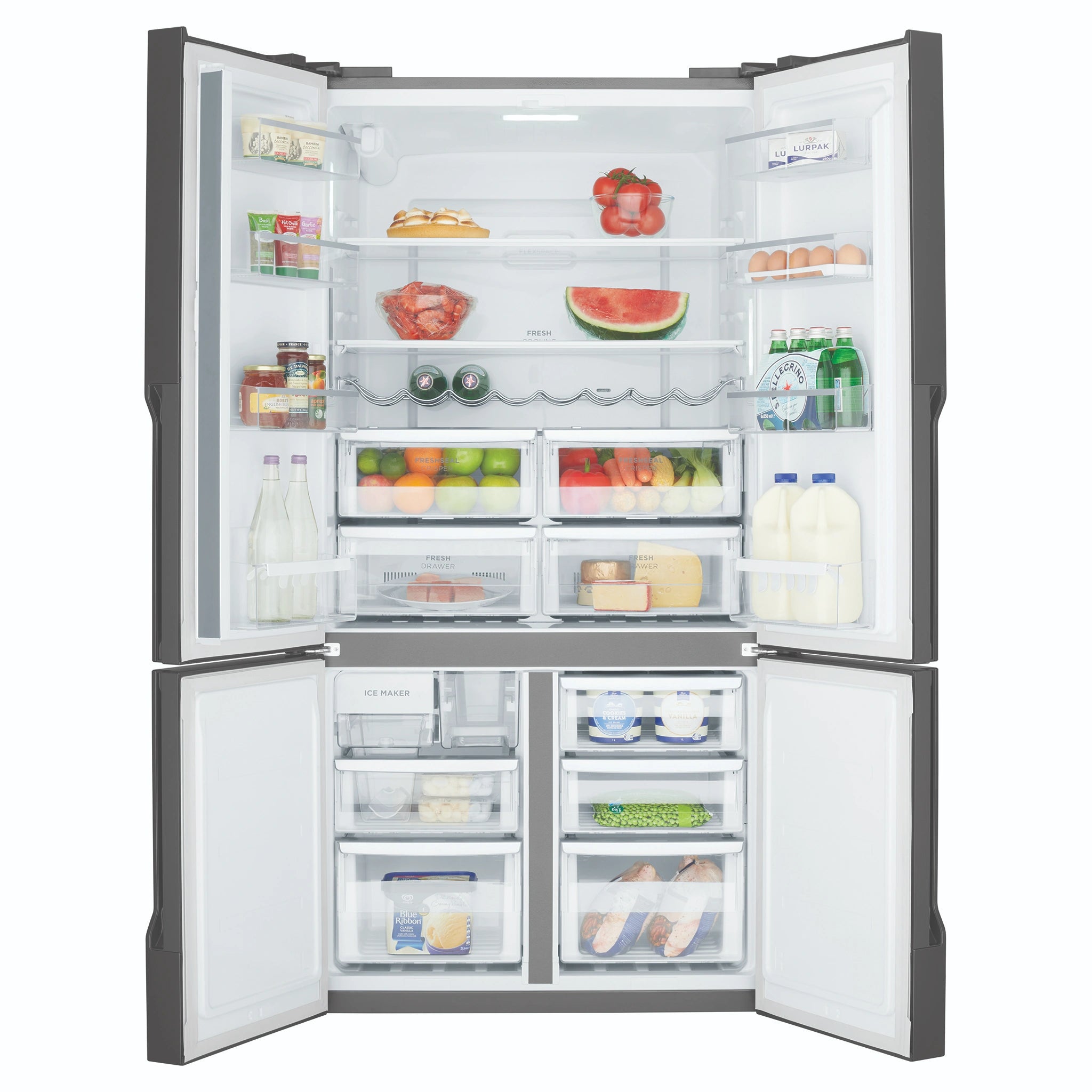Westinghouse 564L Matte Charcoal Black Quad Door Refrigerator with Plumbed Water Dispenser WQE5650BA, Front View With Double Door Open View With Storages