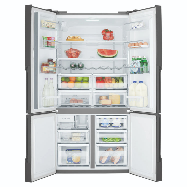 Westinghouse 564L Matte Charcoal Black Quad Door Refrigerator with Plumbed Water Dispenser WQE5650BA, Front View With Double Door Open View With Storages