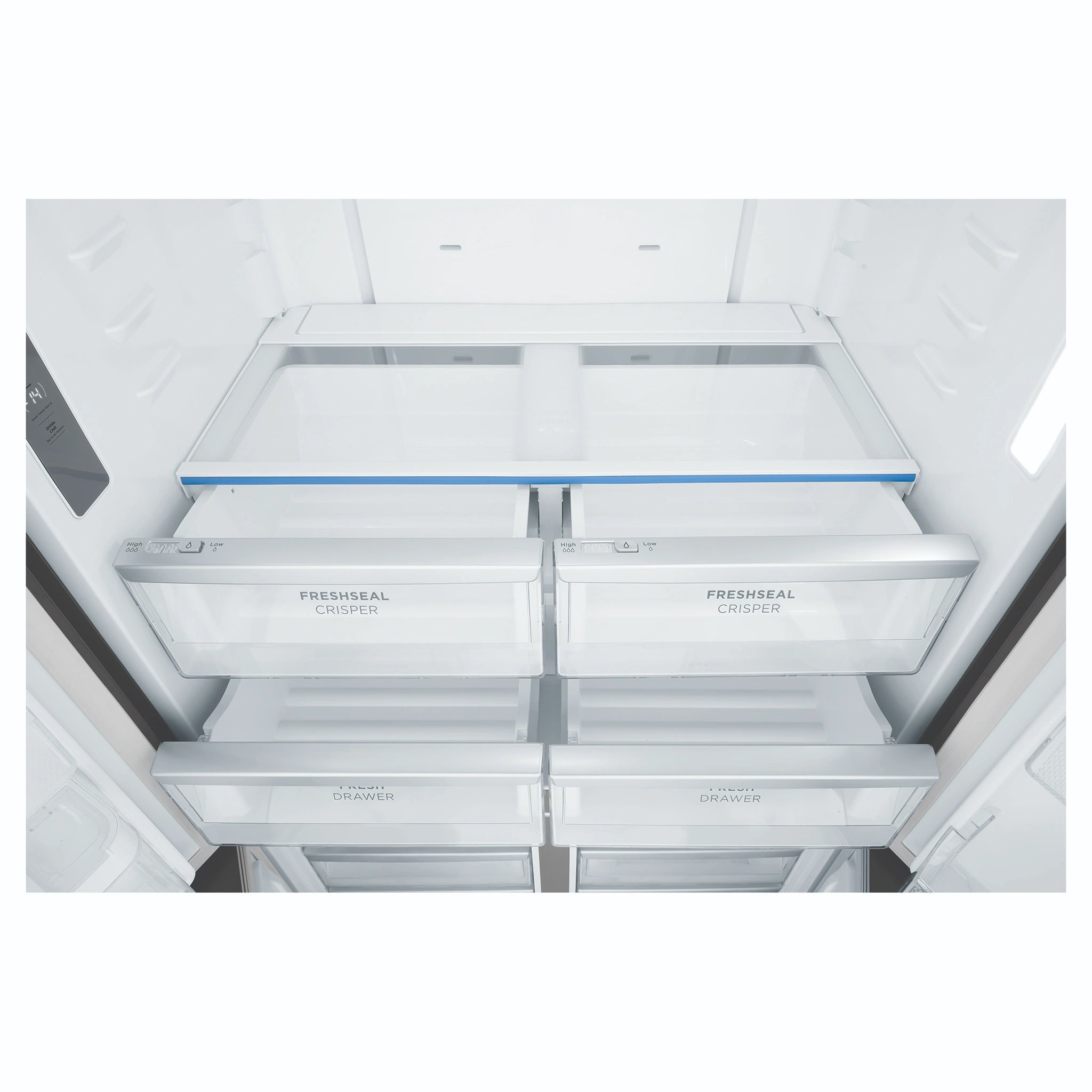 Westinghouse 564L Charcoal Quad Door Refrigerator with In-Door Water Dispenser WQE5660BA, Drawers Open Close-Up View