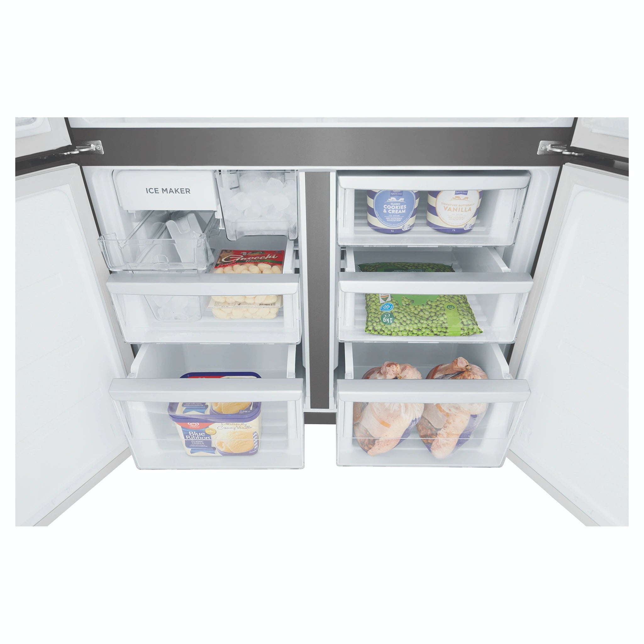 Westinghouse 564L Charcoal Quad Door Refrigerator with In-Door Water Dispenser WQE5660BA, Freezer Drawers Close-Up View With Storages