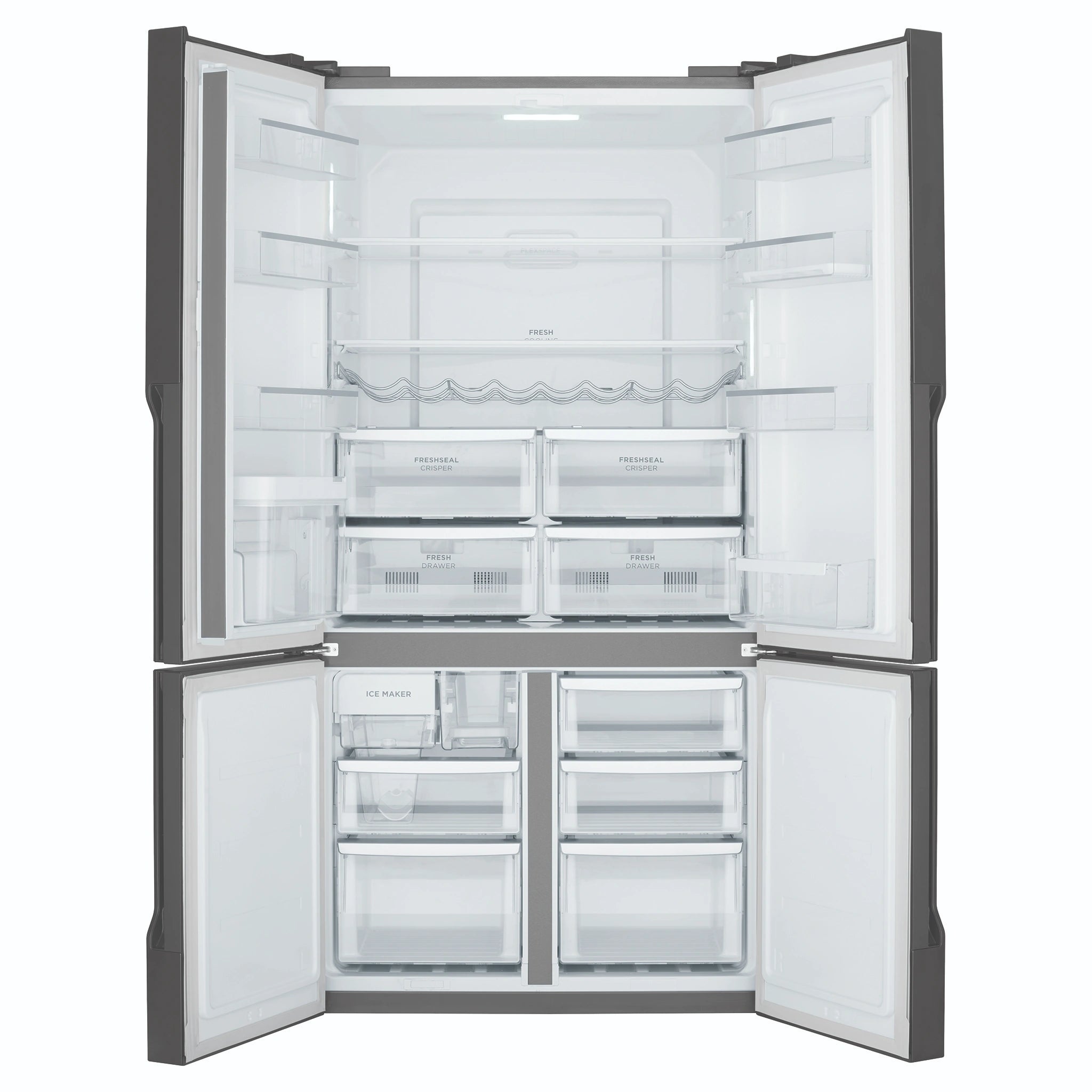 Westinghouse 564L Charcoal Quad Door Refrigerator with In-Door Water Dispenser WQE5660BA, Front View With Double Door Open View