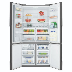 Westinghouse 564L Charcoal Quad Door Refrigerator with In-Door Water Dispenser WQE5660BA, Front View With Double Door Open View With Storages