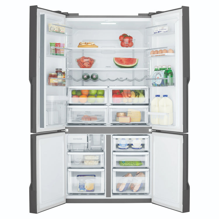 Westinghouse 564L Charcoal Quad Door Refrigerator with In-Door Water Dispenser WQE5660BA, Front View With Double Door Open View With Storages