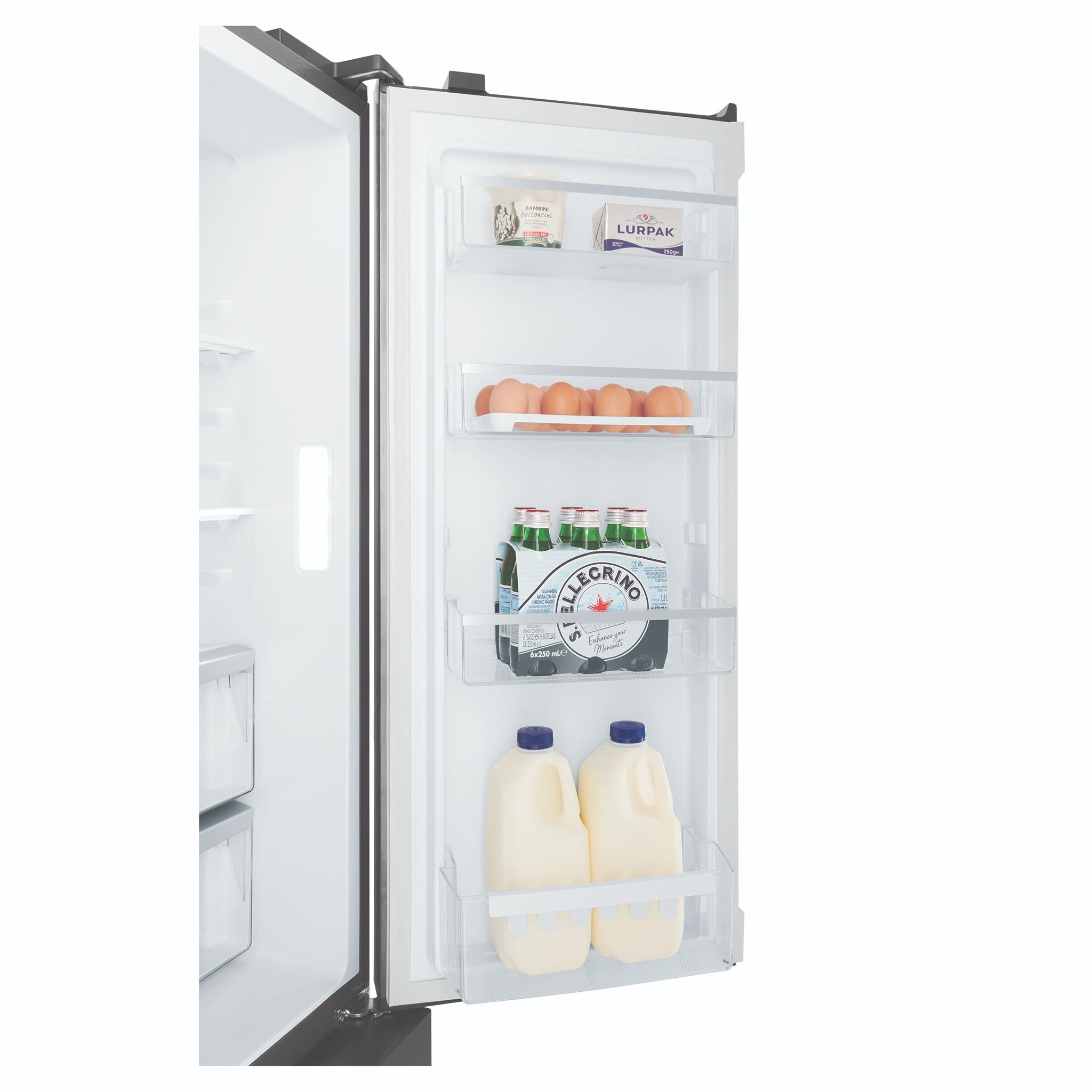 Westinghouse 564L Charcoal Quad Door Refrigerator with In-Door Water Dispenser WQE5660BA, Side Door Open View With Storages
