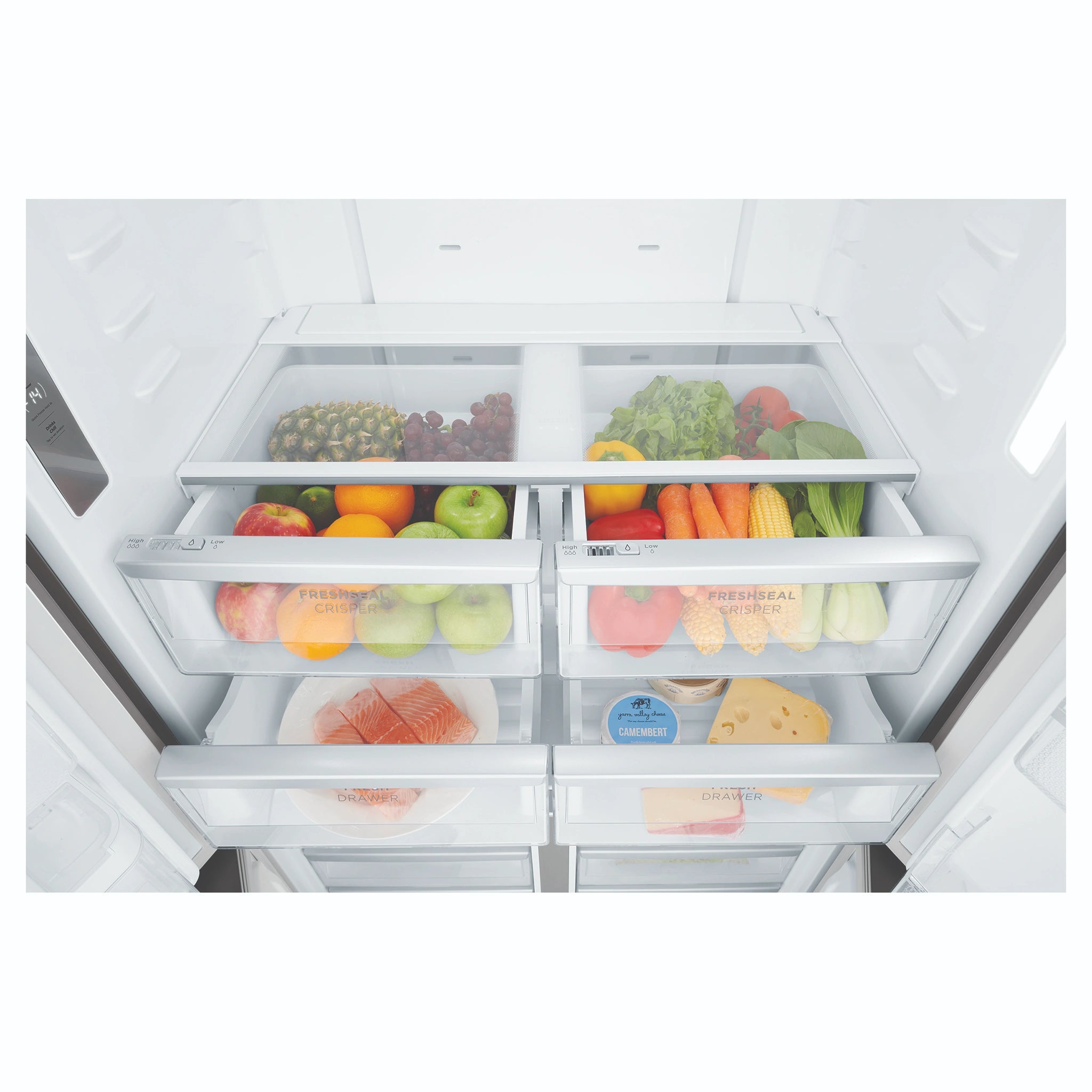 Westinghouse 564L Silver Quad Door Refrigerator with In-Door Water Dispenser WQE5660SA, Drawers Close-Up View With Storages