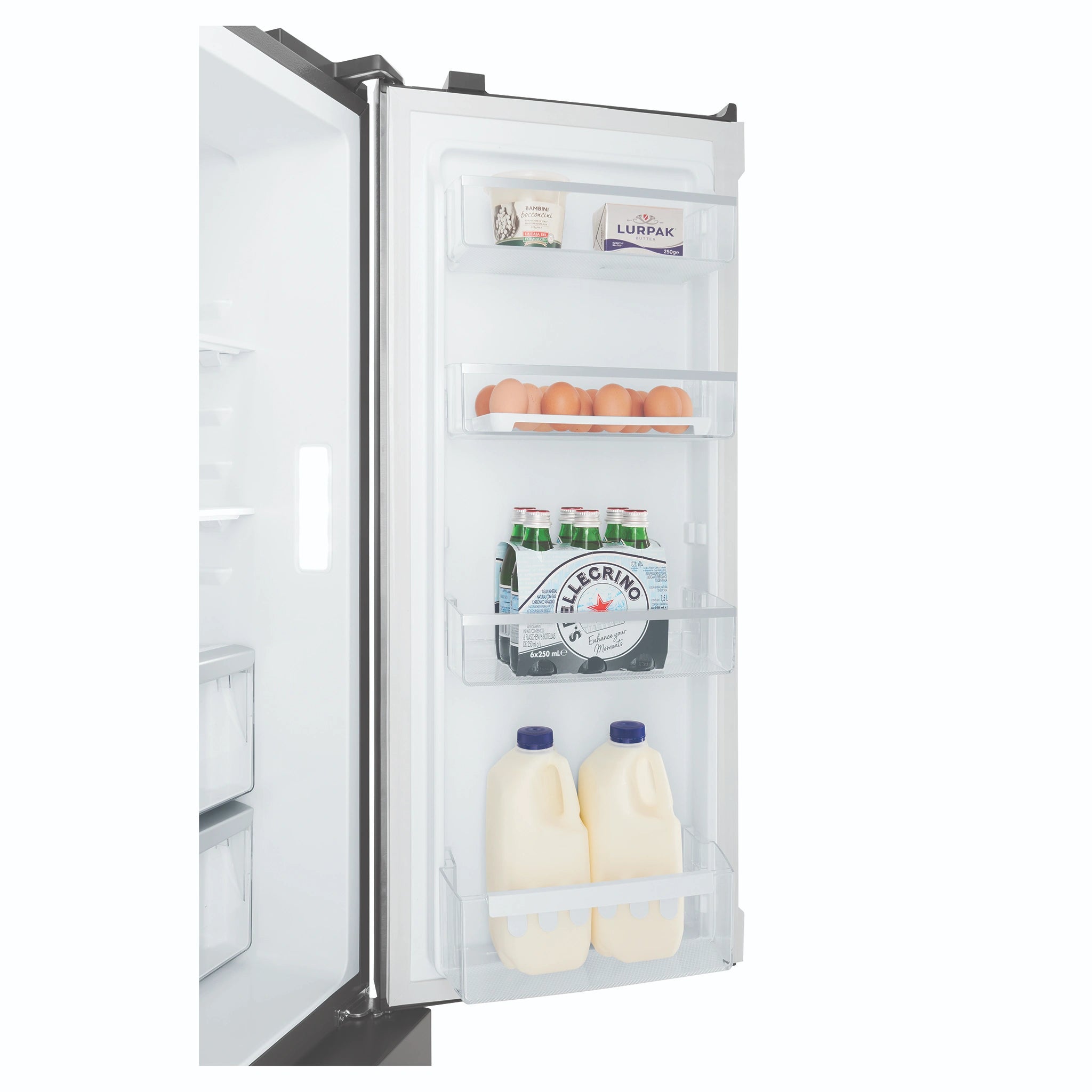 Westinghouse 564L Silver Quad Door Refrigerator with In-Door Water Dispenser WQE5660SA, Side Door Open View With Storages