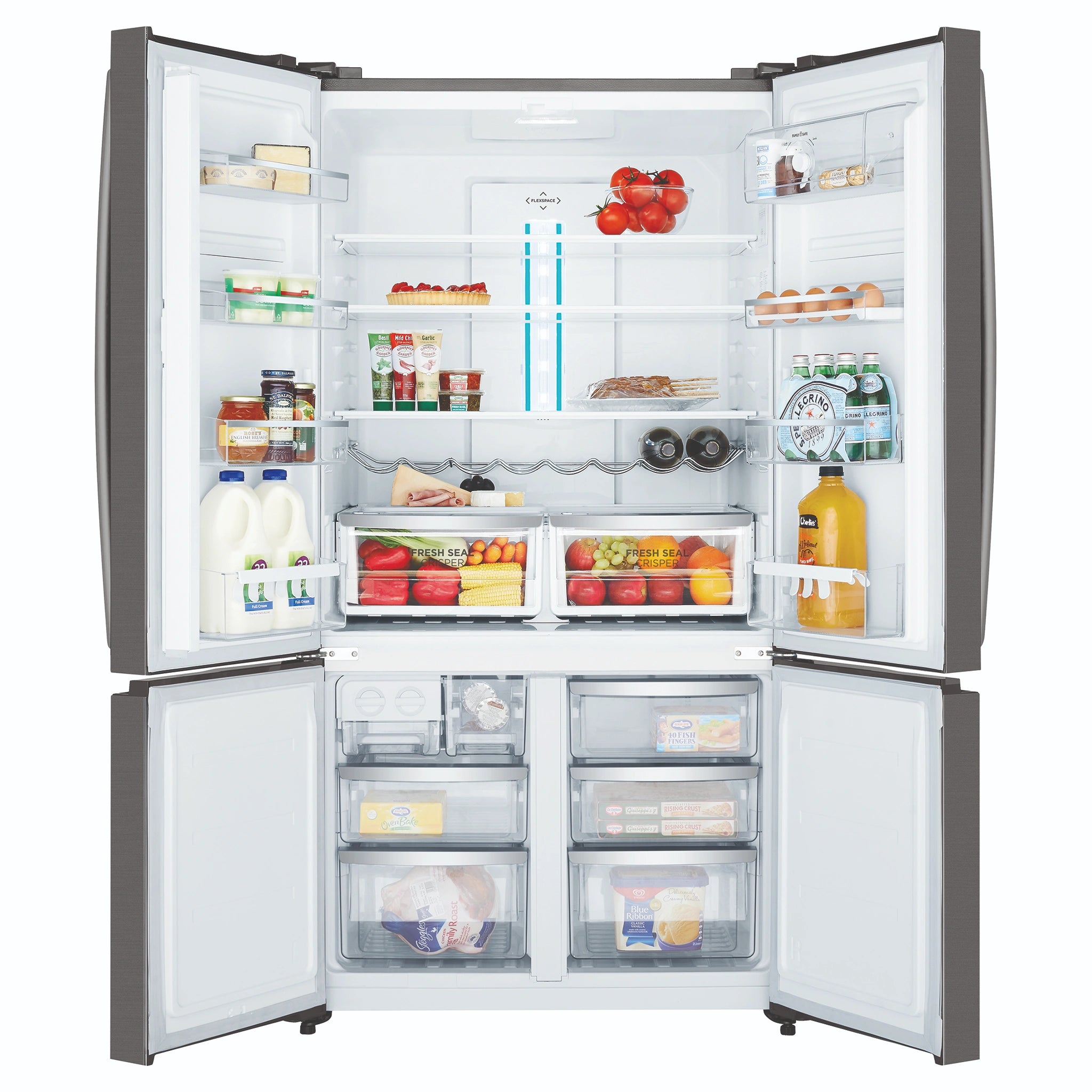 Westinghouse 541L Dark Stainless Quad Door Refrigerator WQE6000BB, Front View With Double Door Open View With Storages