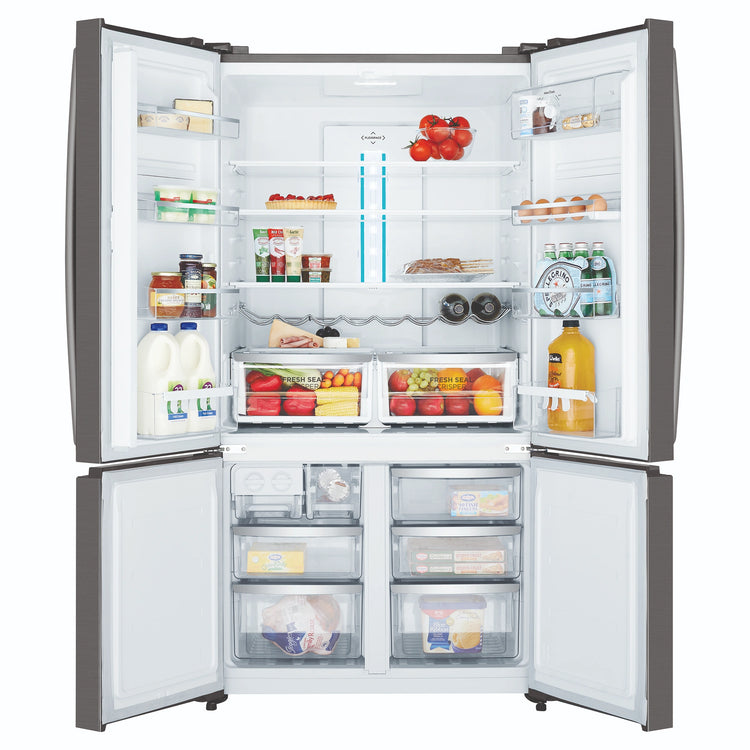 Westinghouse 541L Dark Stainless Quad Door Refrigerator WQE6000BB, Front View With Double Door Open View With Storages