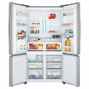 Westinghouse 541L Stainless Steel Quad Door Refrigerator with In-Door Dispenser WQE6000SB, Front View With Double Door Open View With Storages