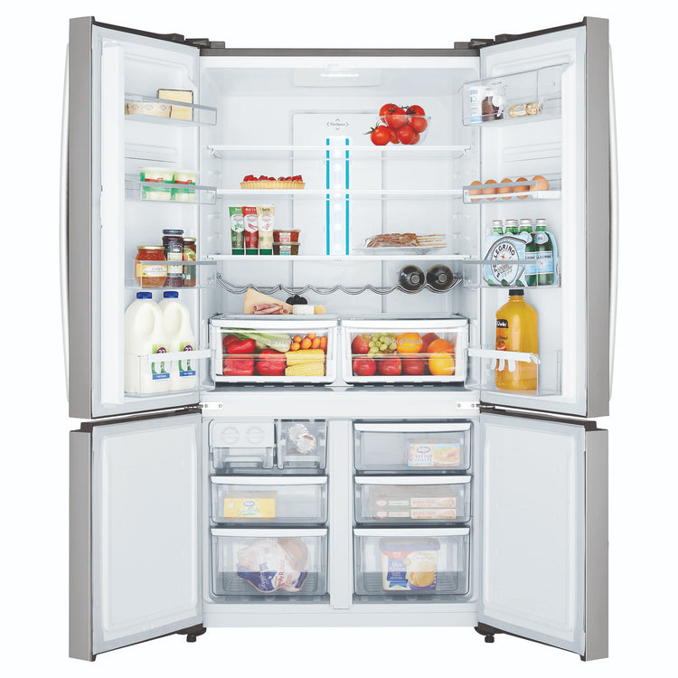 Westinghouse 541L Stainless Steel Quad Door Refrigerator with In-Door Dispenser WQE6000SB, Front View With Double Door Open View With Storages