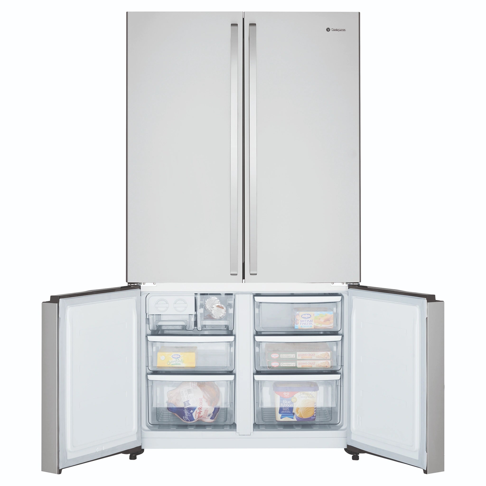 Westinghouse 541L Stainless Steel Quad Door Refrigerator with In-Door Dispenser WQE6000SB, Front View With Lower Double Door Open View With Storages