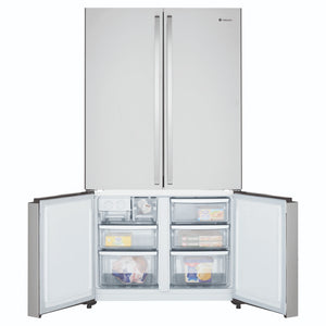Westinghouse 541L Stainless Steel Quad Door Refrigerator with In-Door Dispenser WQE6000SB, Front View With Lower Double Door Open View With Storages