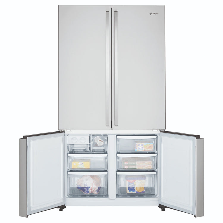 Westinghouse 541L Stainless Steel Quad Door Refrigerator with In-Door Dispenser WQE6000SB, Front View With Lower Double Door Open View With Storages