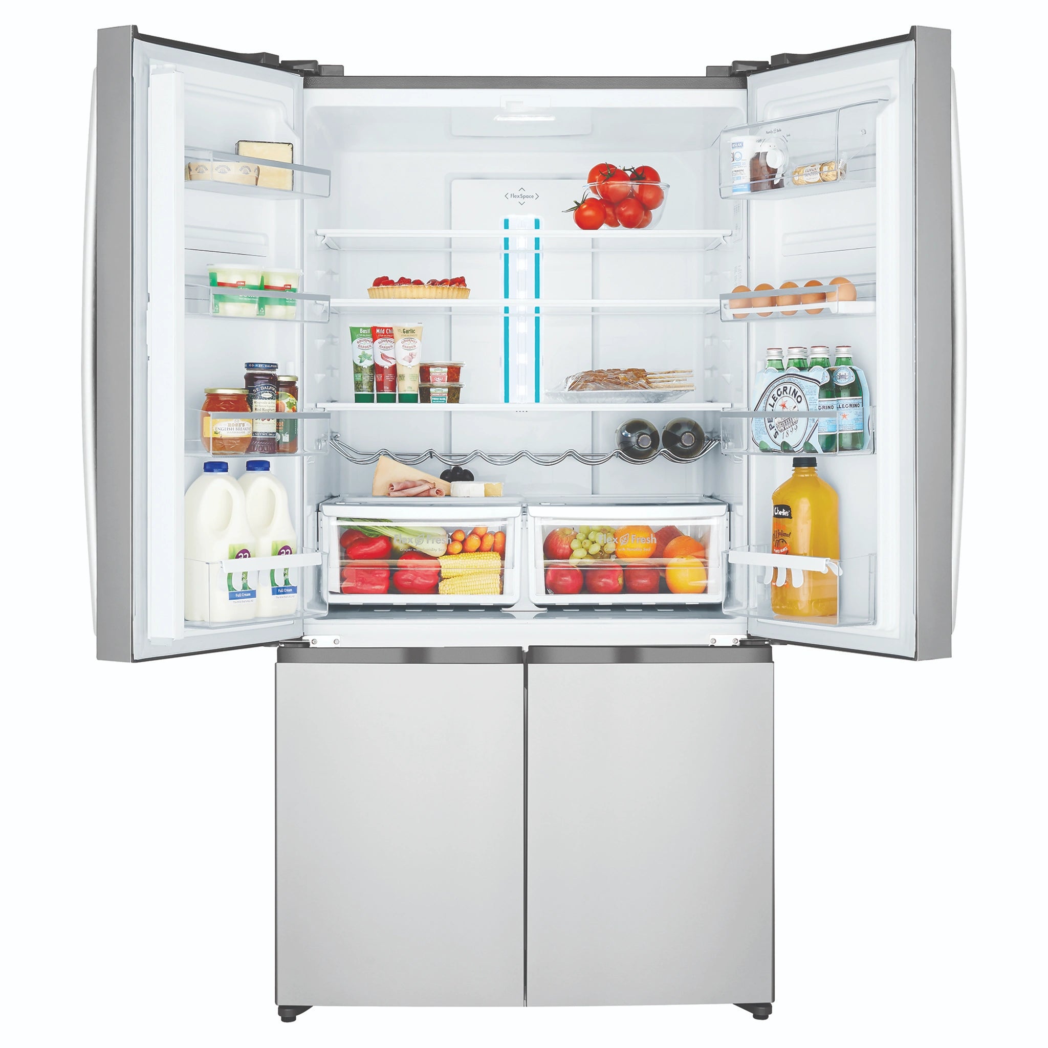 Westinghouse 541L Stainless Steel Quad Door Refrigerator with In-Door Dispenser WQE6000SB, Front View With Upper Double Door Open View With Storages
