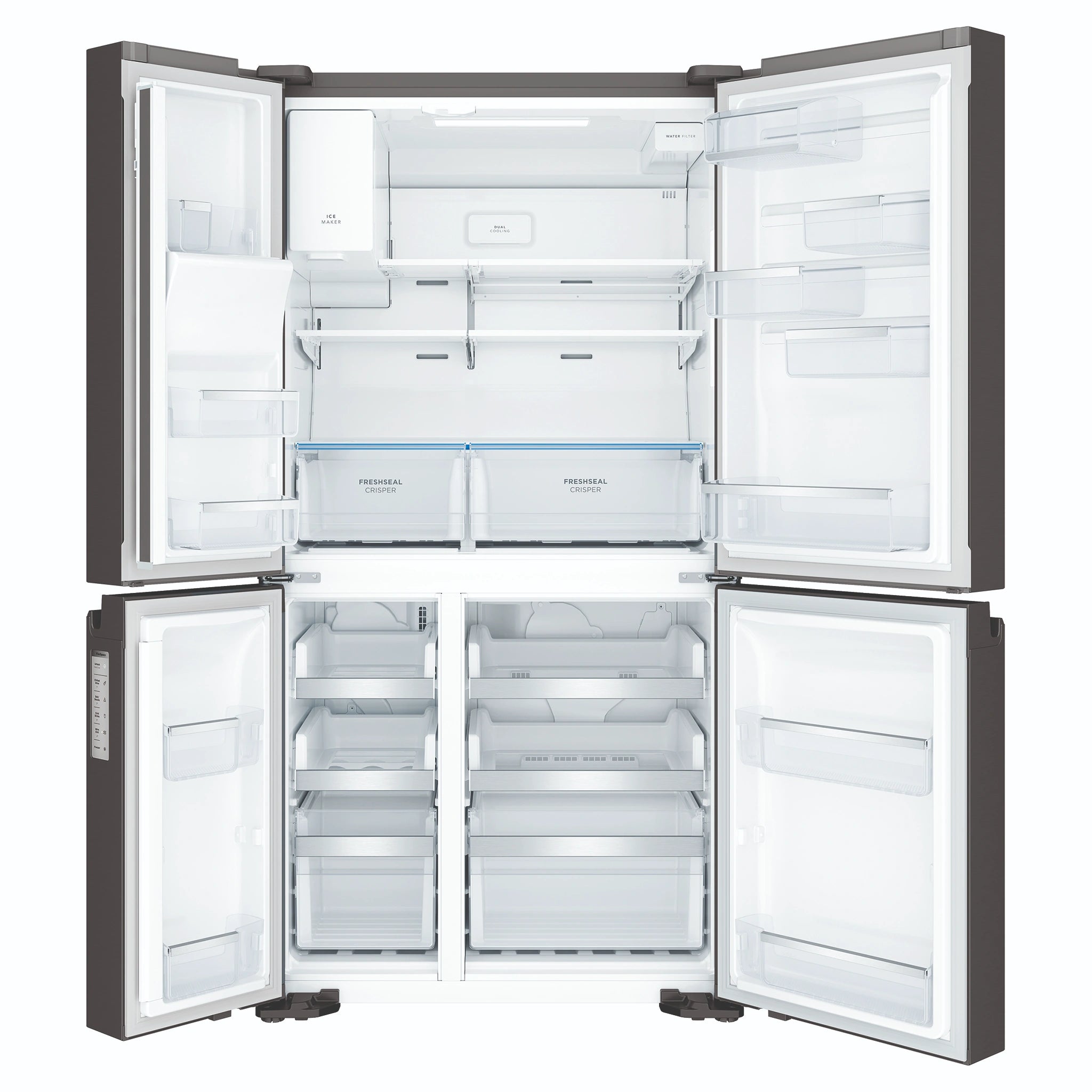 Westinghouse 609L Black Quad Door Refrigerator with In-Door Ice Dispenser WQE6170BB, Front View With Double Door Open View