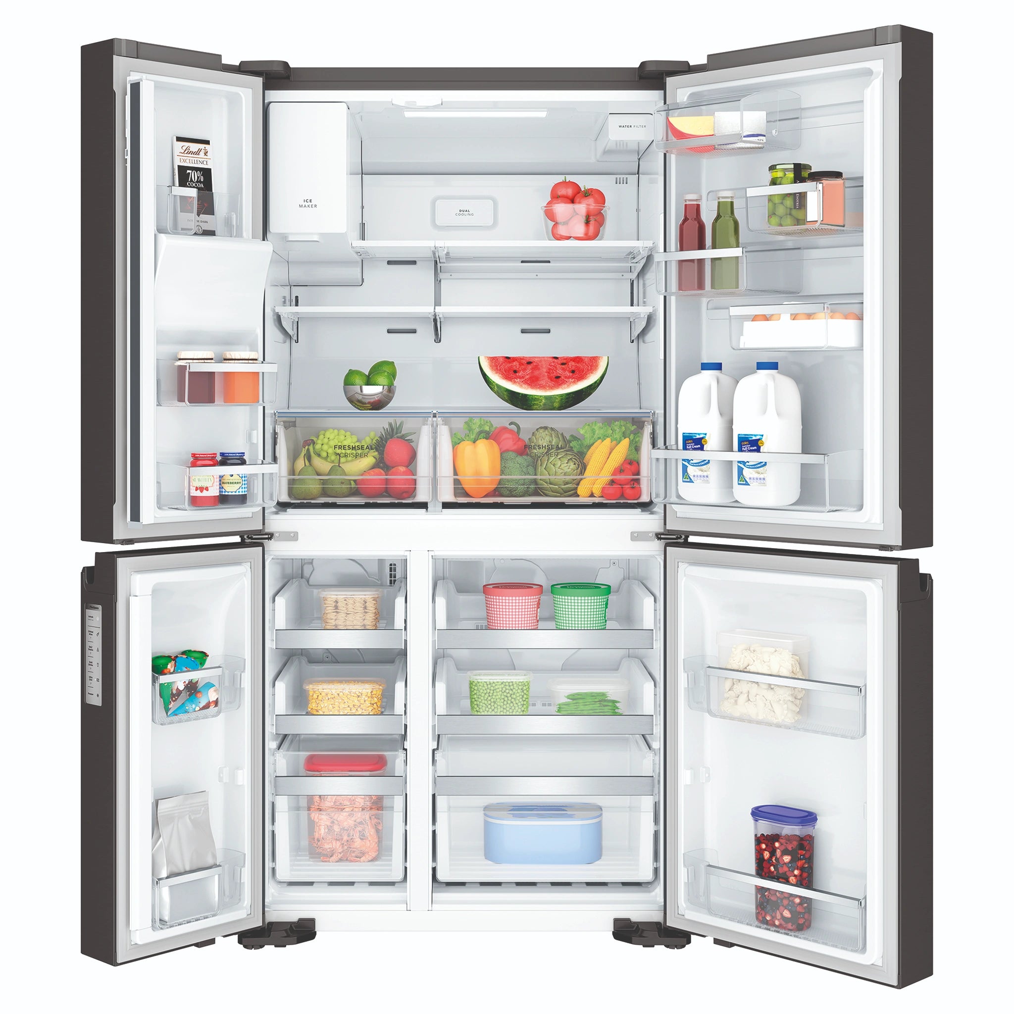 Westinghouse 609L Black Quad Door Refrigerator with In-Door Ice Dispenser WQE6170BB, Front View With Double Door Open View With Storages